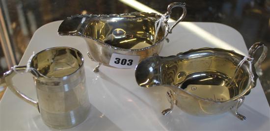 Georgian small engine-turned silver Christening mug & 2 silver sauce boats